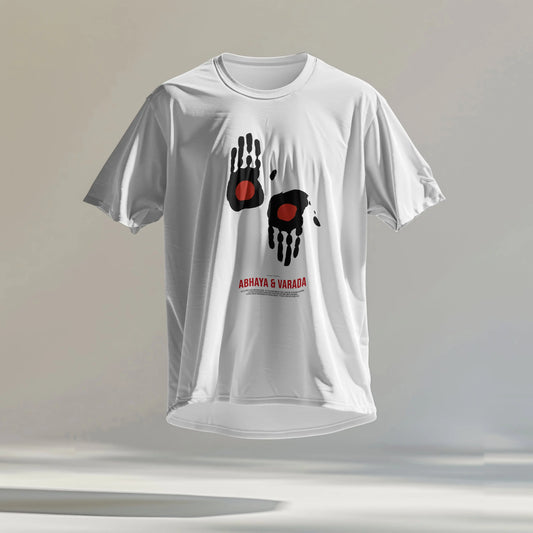 White t-shirt with black and red graphic design on a gray background