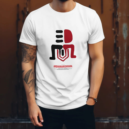 Person wearing a white t-shirt with a red and black graphic design on a brown background