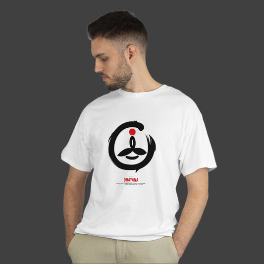 Man wearing a white t-shirt with a black and red symbol on a dark background