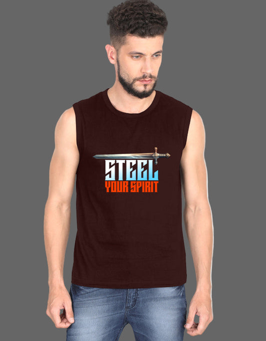 Man wearing a sleeveless shirt with 'Steel Your Spirit' design on a gray background