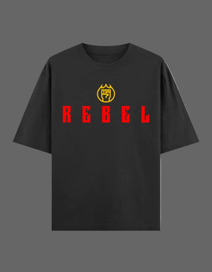 Black t-shirt with red and yellow graphic design on a white background