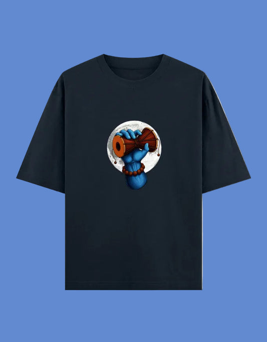 Navy Blue oversized t-shirt with a colorful graphic design on a white full moon background