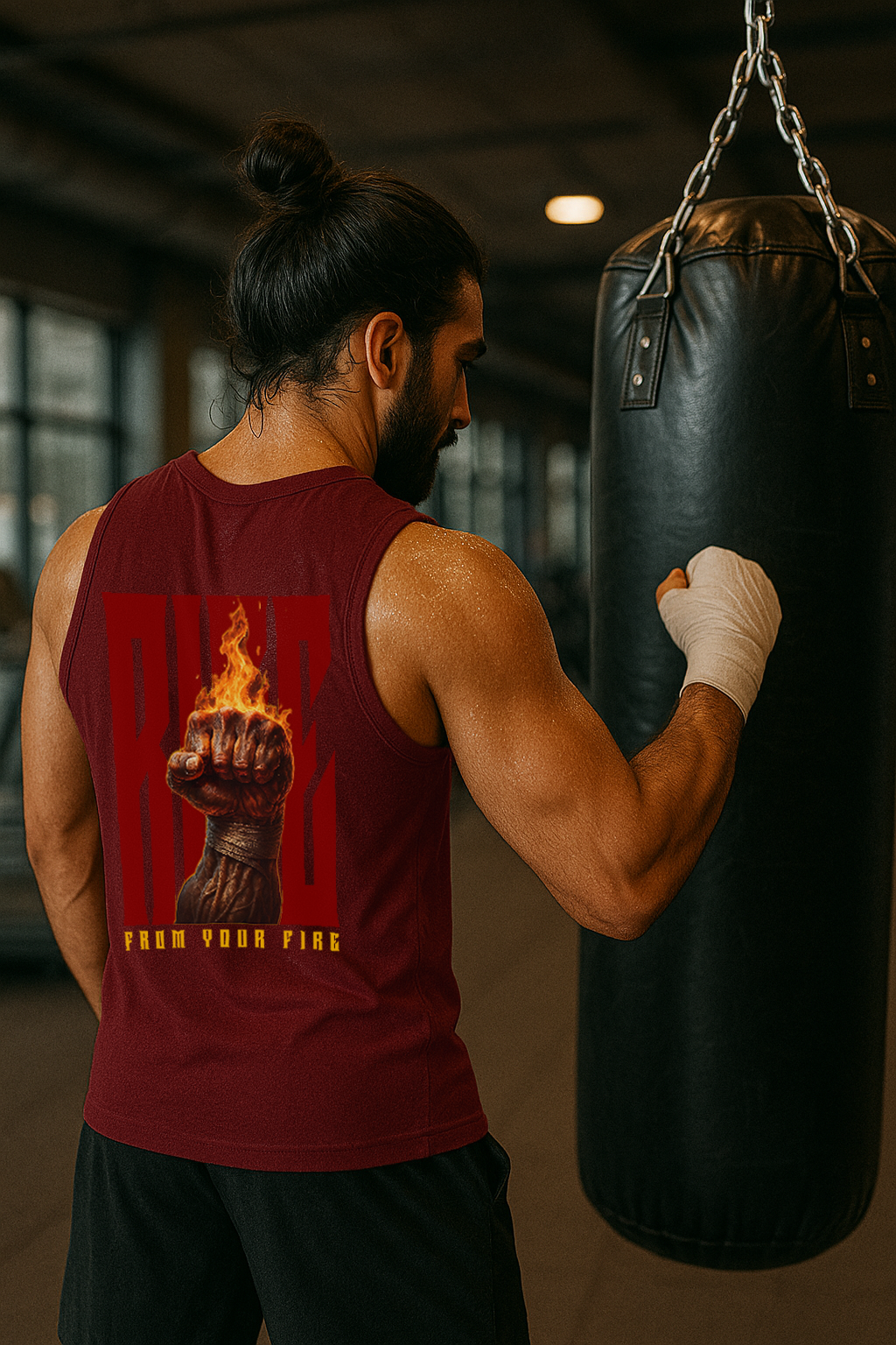 Person wearing a red tank top with a graphic design, hitting a punching bag in a gym.