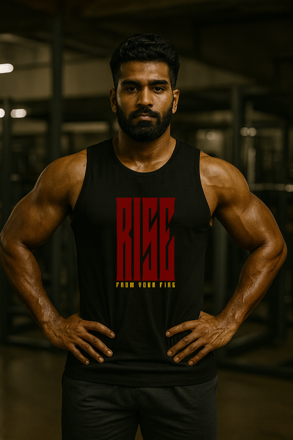 Muscular man wearing a black tank top with 'RISE' printed in red and yellow, standing in a gym.