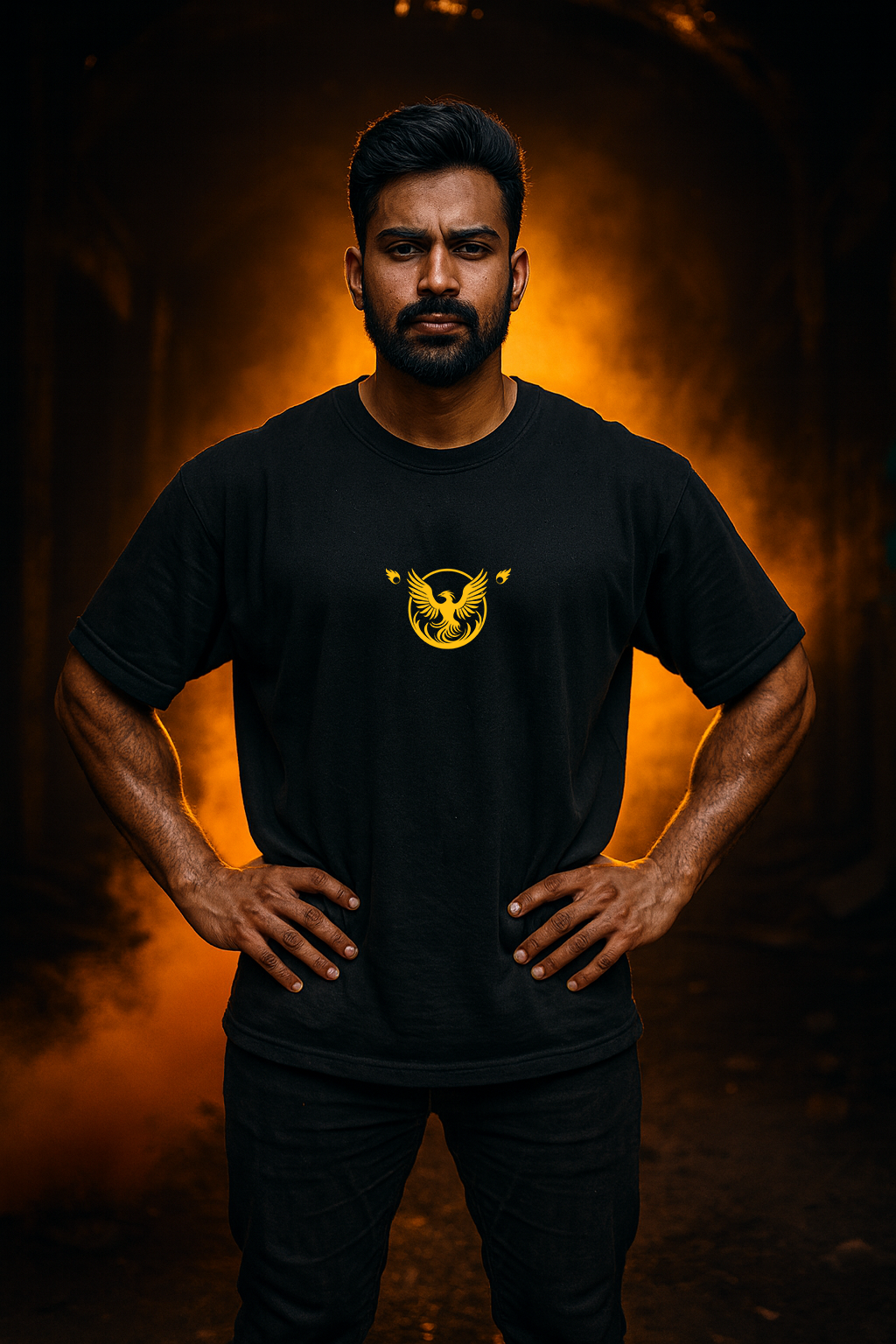 Man wearing a black t-shirt with a yellow logo against an orange and black background