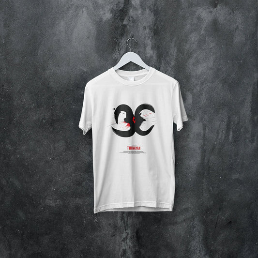 White t-shirt with black and red graphic design on a hanger against a dark textured wall