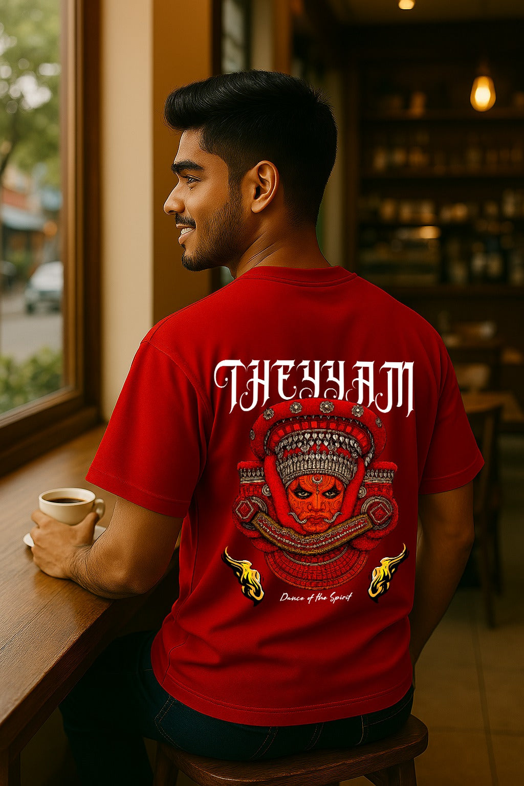 Man wearing a red t-shirt with 'THE HAM' design, sitting at a table in a cafe.