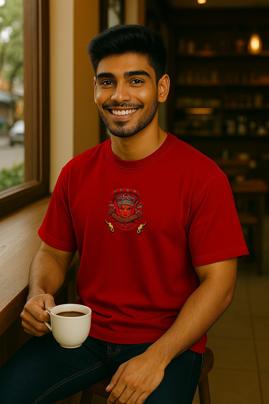 Man in a red t-shirt holding a coffee cup in a casual setting