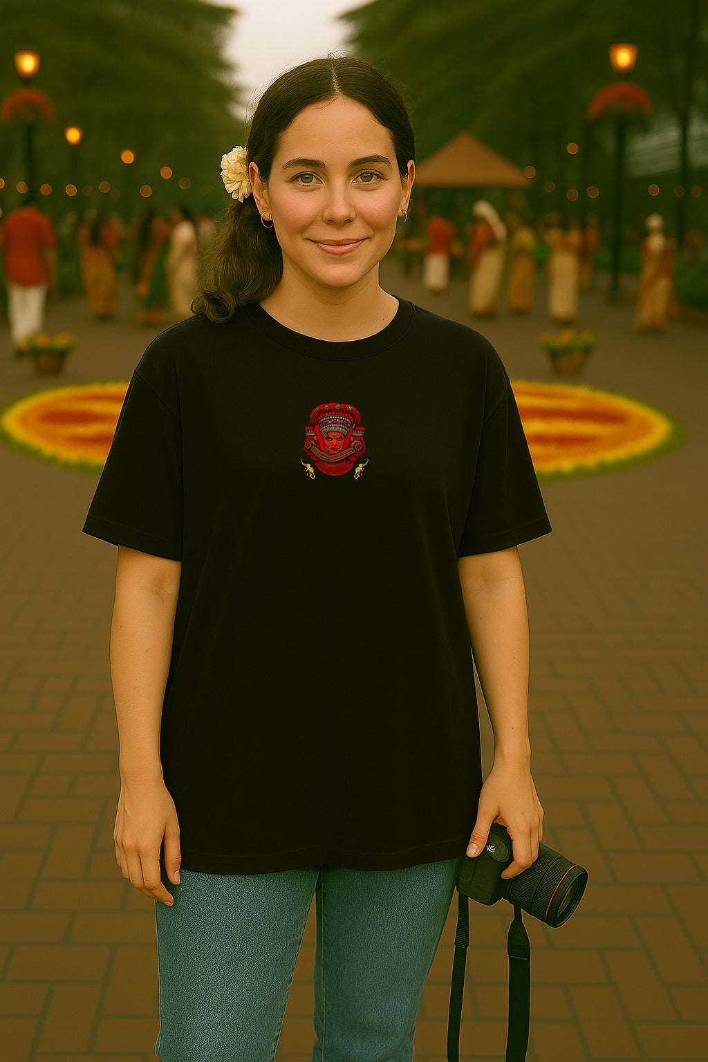 Woman wearing a black t-shirt with a red logo, standing in an outdoor setting with people and decorations.