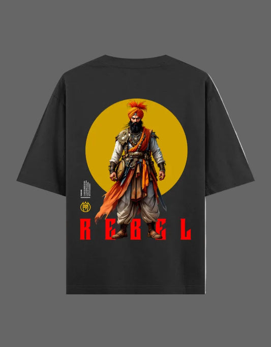 Black t-shirt with a graphic of a warrior and the word 'REBEL' on a yellow circle background.