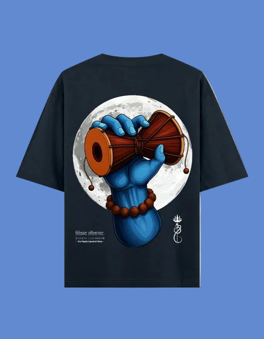 Navy Blue oversized t-shirt with a blue hand of Shiva holding a wooden damru on a white full moon design against a blue background