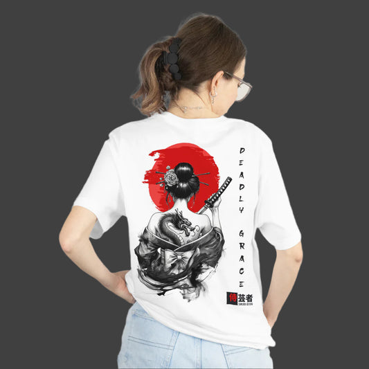 Person wearing a white t-shirt with a graphic design on the back, featuring a red circle and black and white illustration.
