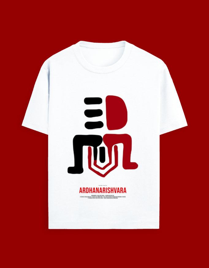 White t-shirt with red and black graphic design on a red background