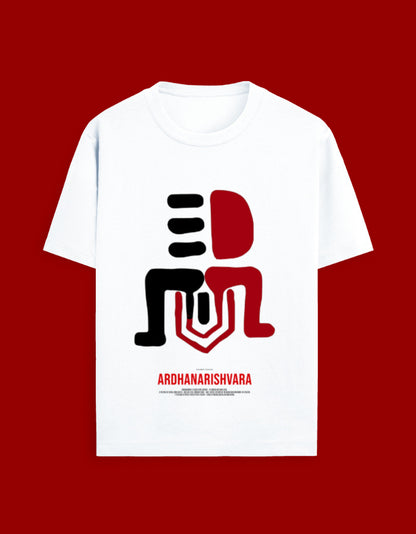 White t-shirt with red and black graphic design on a red background