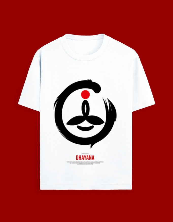 White t-shirt with black and red symbol on a red background