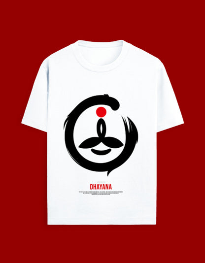 White t-shirt with black and red symbol on a red background