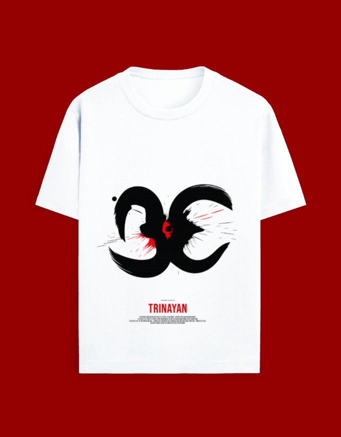 White t-shirt with black and red graphic design on a red background