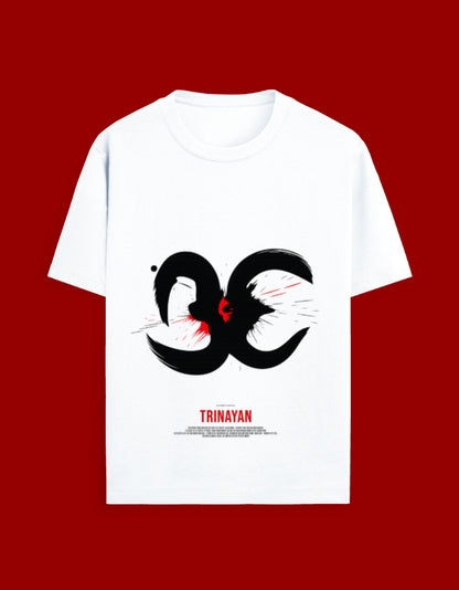 White t-shirt with black and red graphic design on a red background