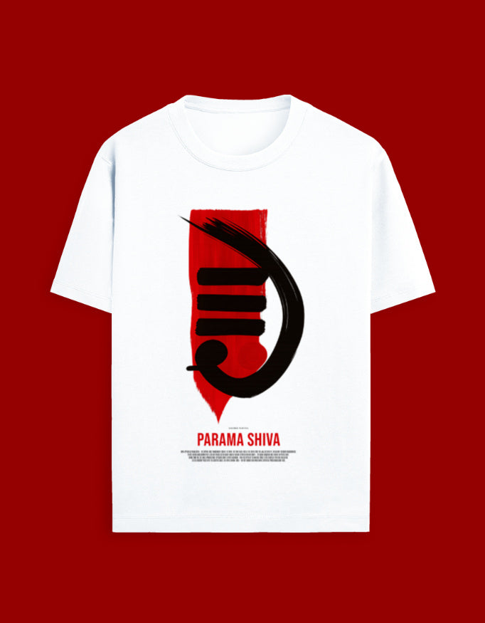 White t-shirt with red and black design on a red background