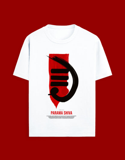 White t-shirt with red and black design on a red background