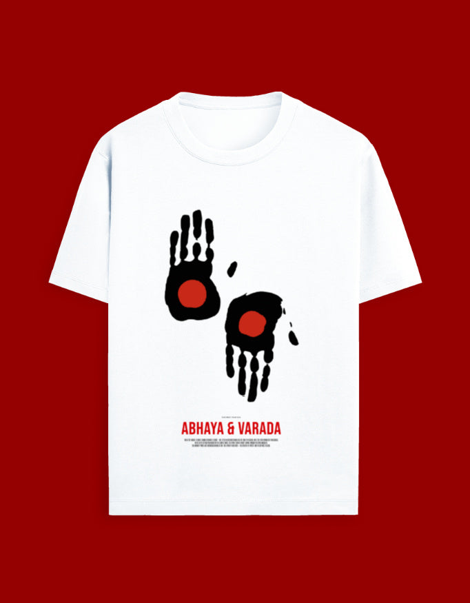 White t-shirt with black handprints and red circles on a red background