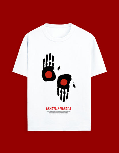 White t-shirt with black handprints and red circles on a red background