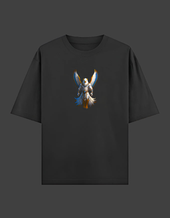 Black t-shirt with a graphic design of a character with wings on a white background