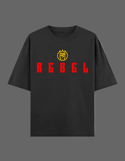 Black t-shirt with red and yellow graphic design on a white background