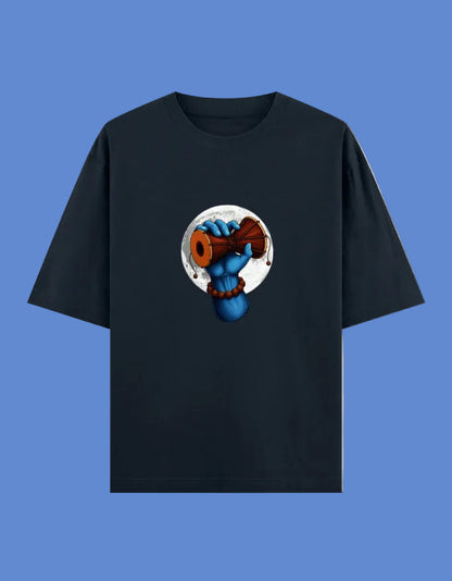Navy Blue oversized t-shirt with a colorful graphic design on a white full moon background