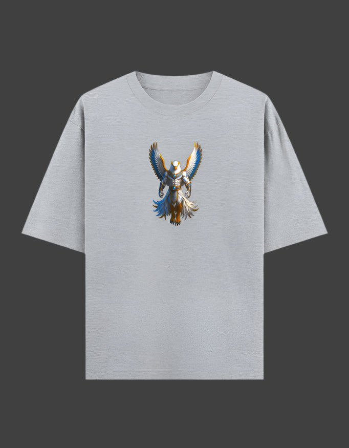 Gray t-shirt with a colorful eagle design on a dark background