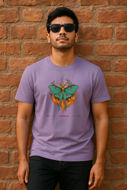 Man wearing a purple t-shirt with a colorful moth design against a brick wall.