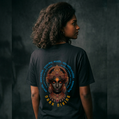 Person wearing a black t-shirt with a colorful graphic design on the back against a dark background