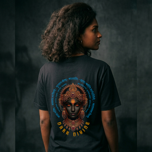 Person wearing a black t-shirt with a colorful graphic design on the back against a dark background