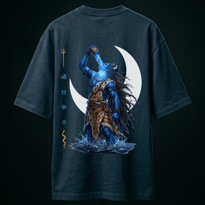 T-shirt with a fantasy design of a blue creature and moon on a dark background