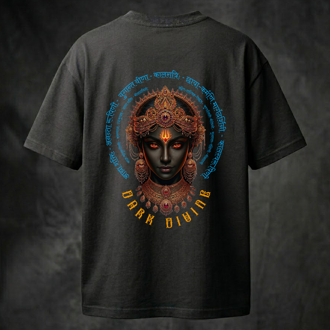 Black t-shirt with a colorful graphic of a face and 'Dark Divine' text on the back against a dark background.
