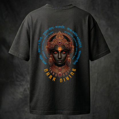 Black t-shirt with a colorful graphic of a face and 'Dark Divine' text on the back against a dark background.