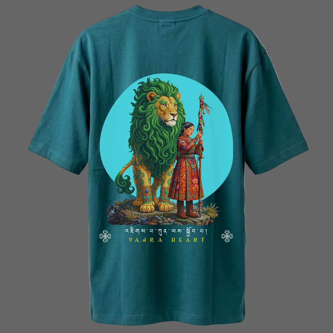 Teal t-shirt with a graphic of a person and a lion on the back, on a light gray background.