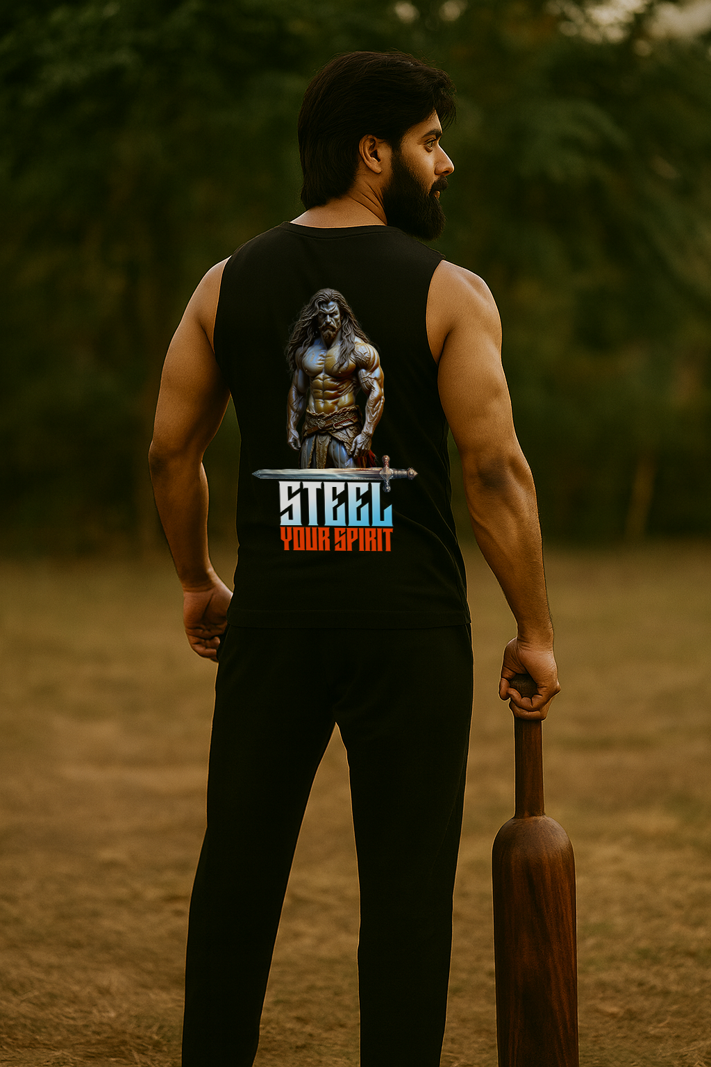 Man wearing a black tank top with a graphic design outdoors