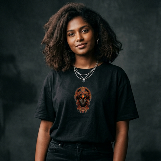 Girl wearing a black t-shirt with a graphic design on a dark background