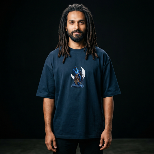 Man wearing a dark blue t-shirt with a graphic design on a black background
