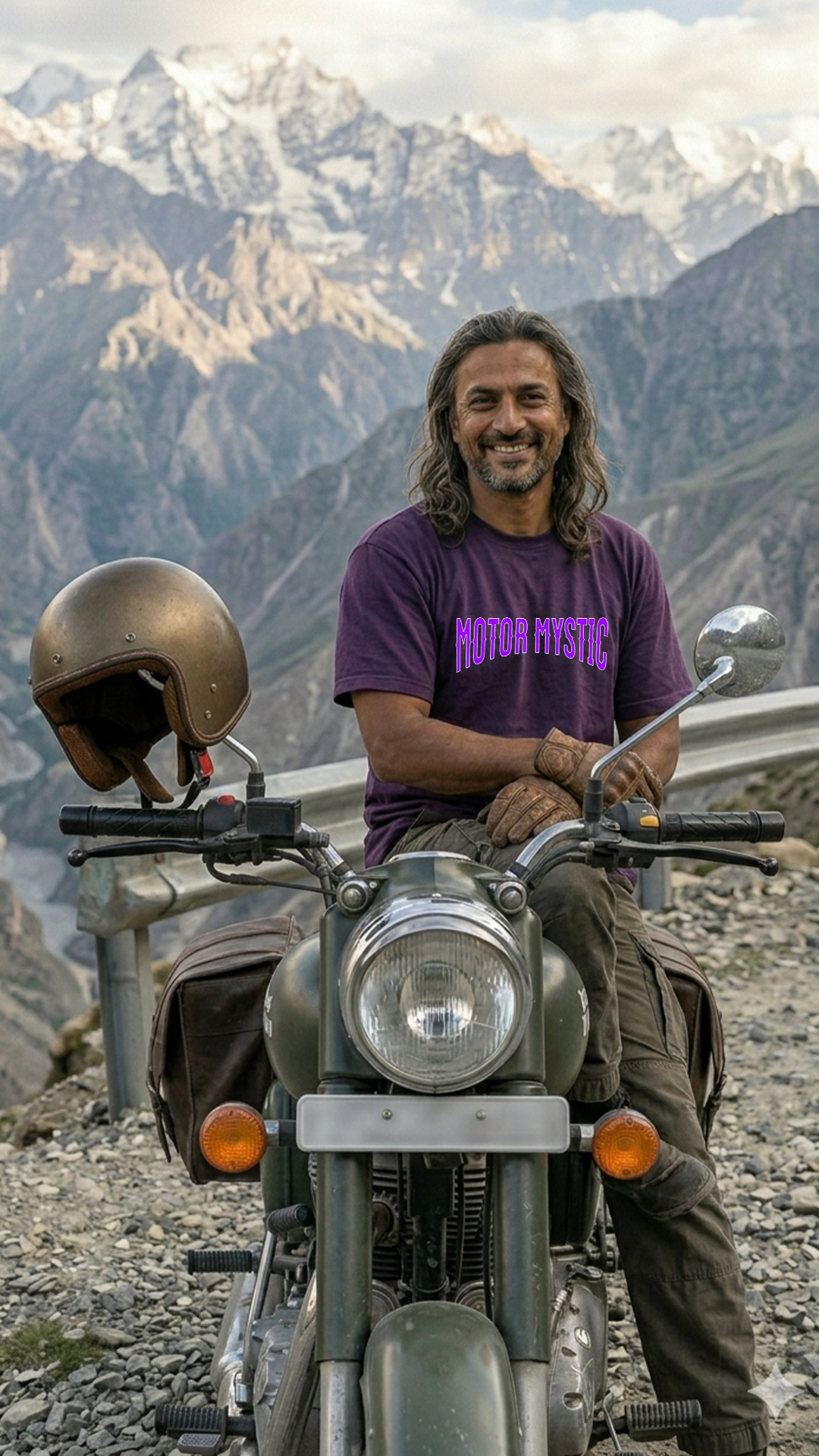 Man sitting on a motorcycle with mountains in the background