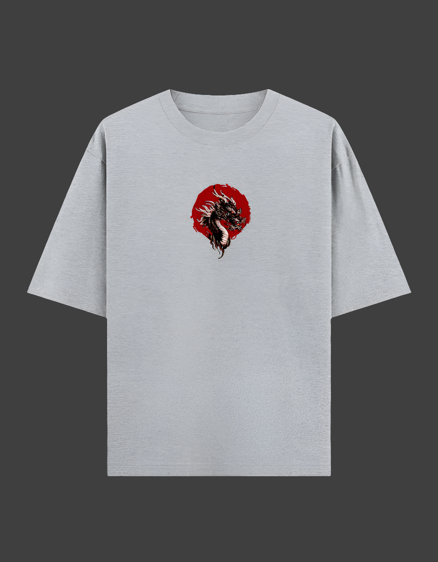 Gray t-shirt with a dragon graphic on a dark background