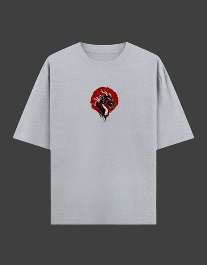 Gray t-shirt with a dragon graphic on a dark background