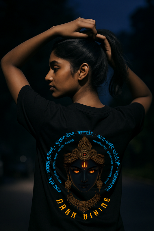 Person wearing a black t-shirt with a graphic design and text.