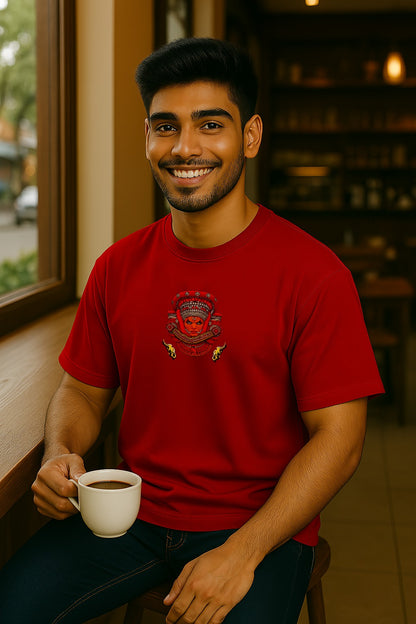 Man in a red t-shirt holding a coffee cup in a casual setting